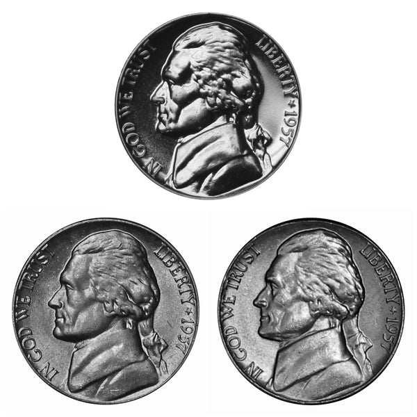 1957 P D S Jefferson Nickel 5c Year set Proof & BU US 3 Coin lot