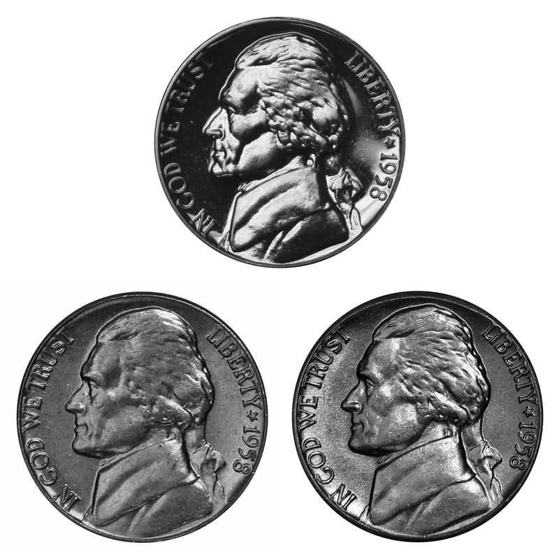 1958 P P D Jefferson Nickel 5c Year set Proof & BU US 3 Coin lot