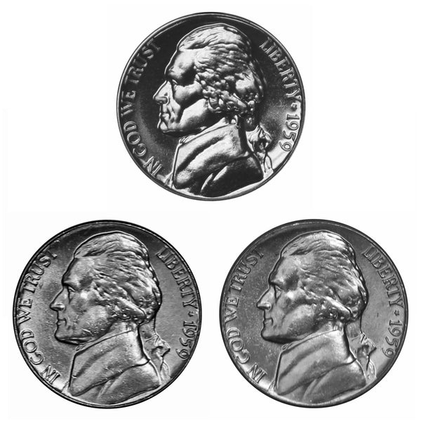 1959 P D P Jefferson Nickel 5c Year set Proof & BU US 3 Coin lot