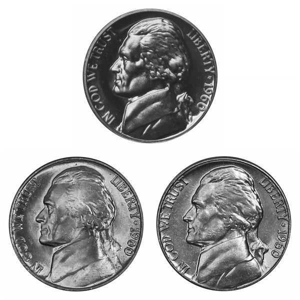 1960 P D S Jefferson Nickel 5c Year set Proof & BU US 3 Coin lot