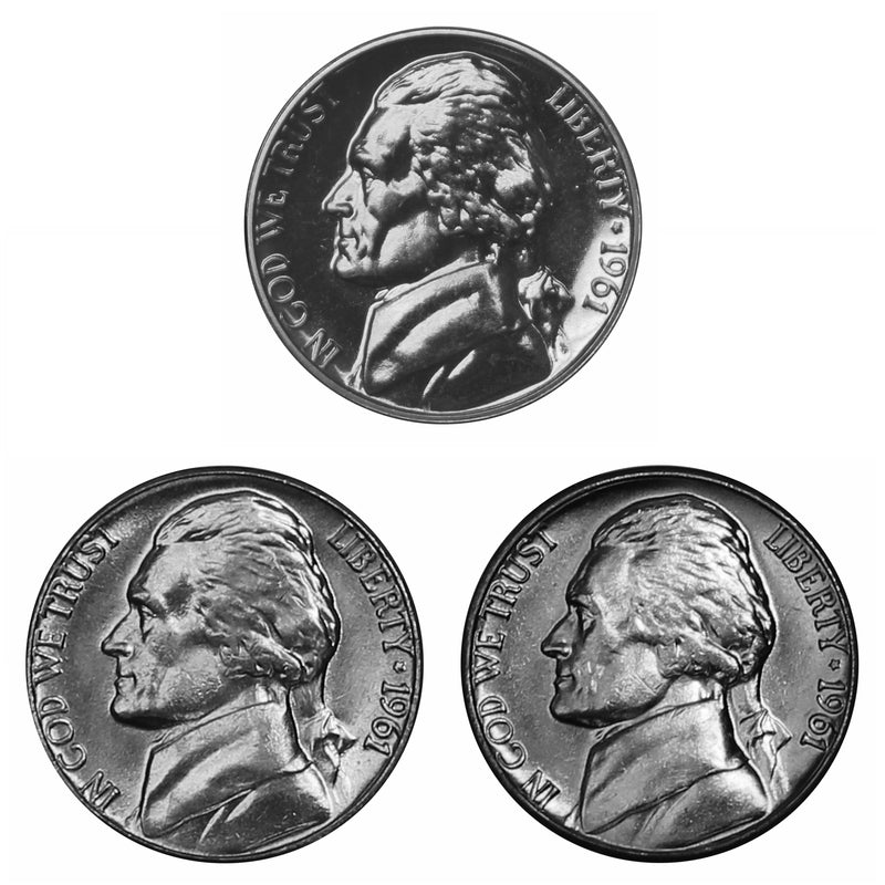1961 P D P Jefferson Nickel 5c Year set Proof & BU US 3 Coin lot