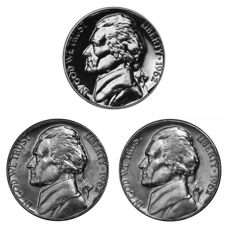 1962 P D S Jefferson Nickel 5c Year set Proof & BU US 3 Coin lot