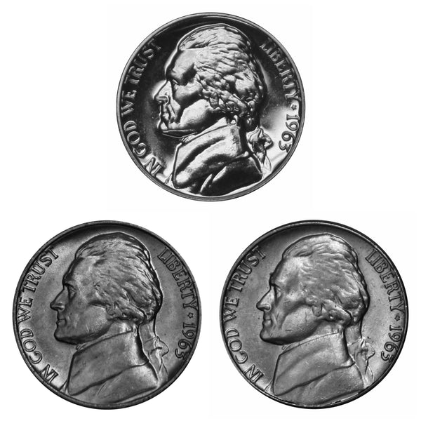 1963 P D S Jefferson Nickel 5c Year set Proof & BU US 3 Coin lot