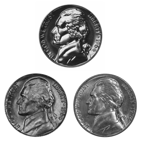 1964 P D S Jefferson Nickel 5c Year set Proof & BU US 3 Coin lot