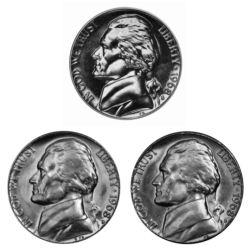 1968 D S S Jefferson Nickel 5c Year set Proof & BU US 3 Coin lot