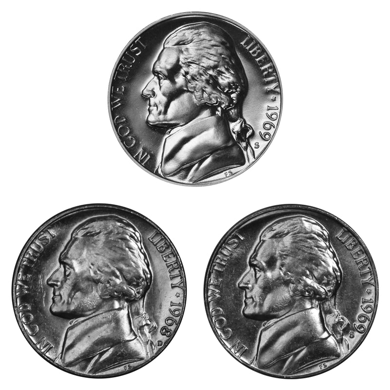 1969 D S S Jefferson Nickel 5c Year set Proof & BU US 3 Coin lot