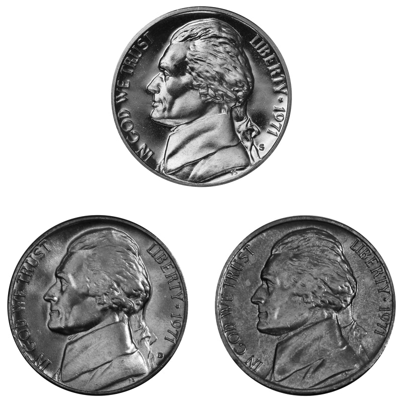 1971 P D S Jefferson Nickel 5c Year set Proof & BU US 3 Coin lot