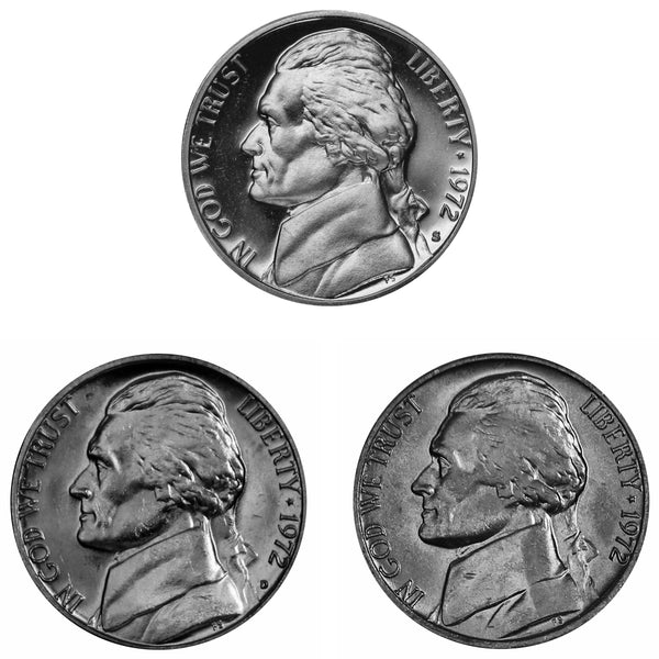 1972 P D S Jefferson Nickel 5c Year set Proof & BU US 3 Coin lot