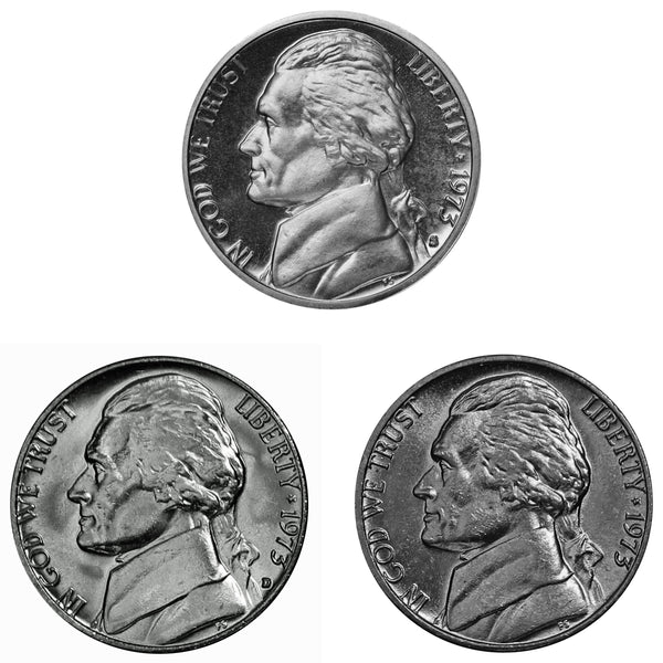 1973 P D S Jefferson Nickel 5c Year set Proof & BU US 3 Coin lot