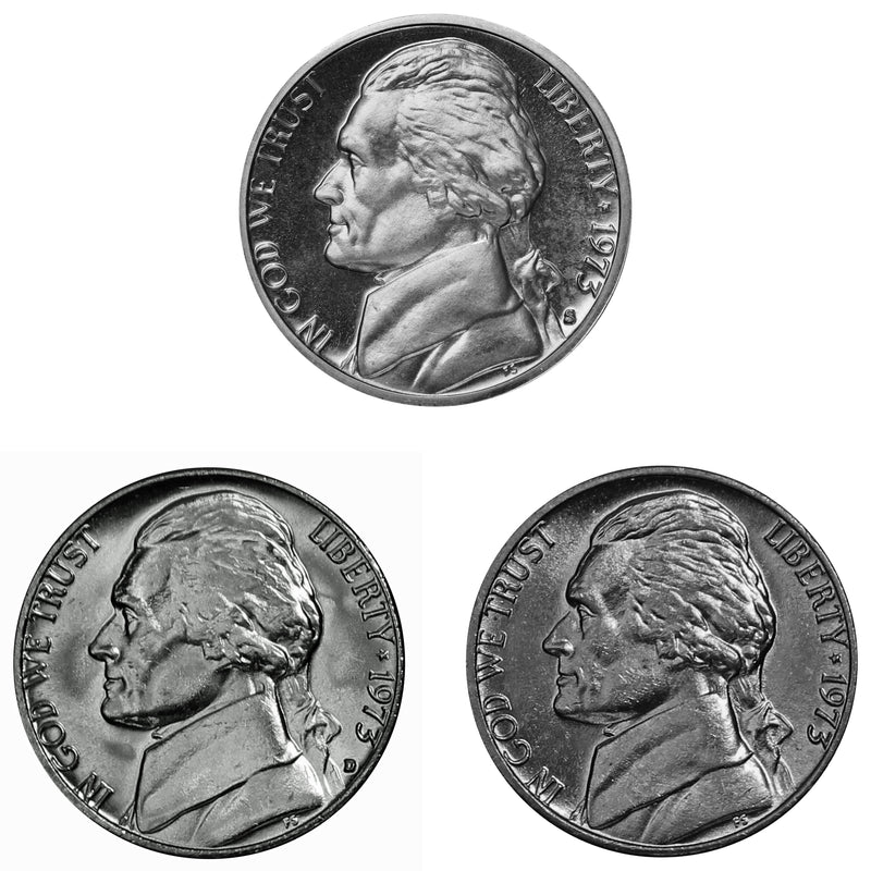 1973 P D S Jefferson Nickel 5c Year set Proof & BU US 3 Coin lot
