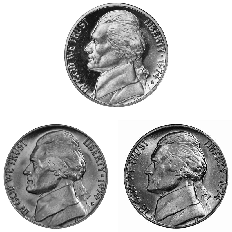 1974 P D S Jefferson Nickel 5c Year set Proof & BU US 3 Coin lot