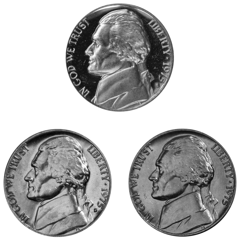 1975 P D S Jefferson Nickel 5c Year set Proof & BU US 3 Coin lot