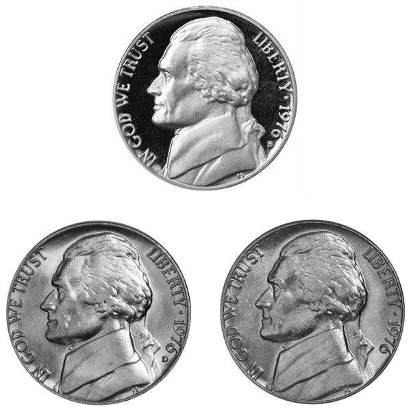 1976 P D S Jefferson Nickel 5c Year set Proof & BU US 3 Coin lot