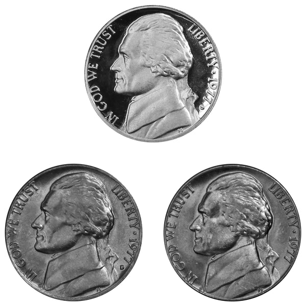 1977 P D S Jefferson Nickel 5c Year set Proof & BU US 3 Coin lot