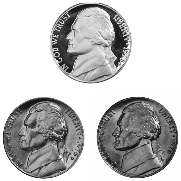1978 P D S Jefferson Nickel 5c Year set Proof & BU US 3 Coin lot
