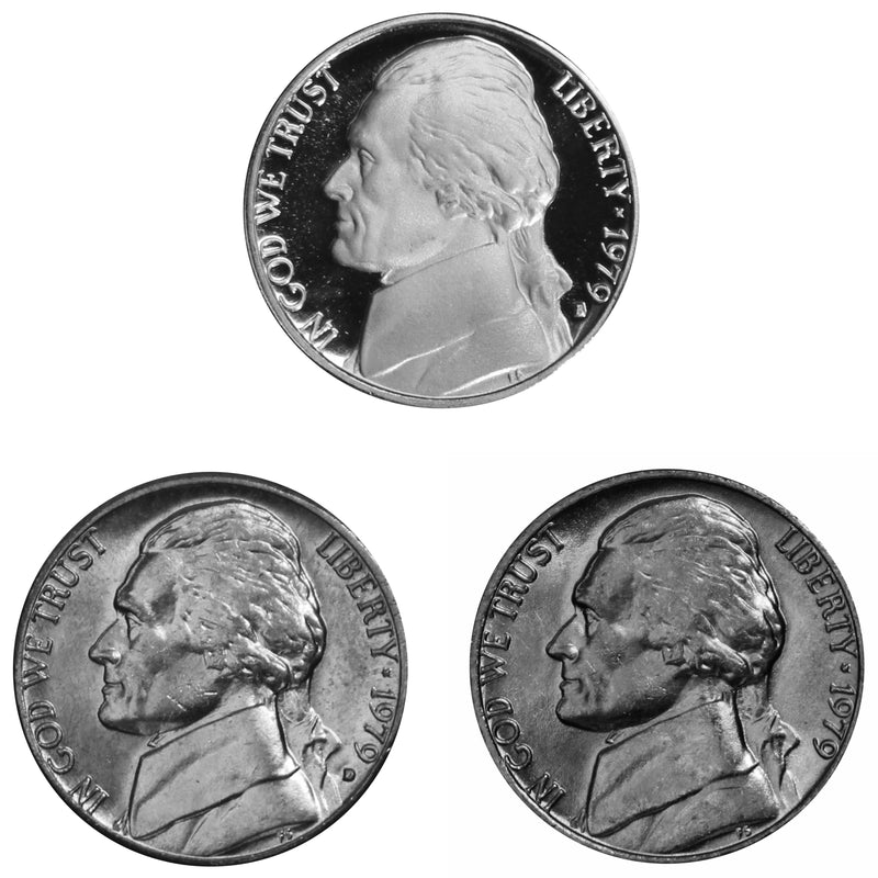 1979 P D S Jefferson Nickel 5c Year set Proof & BU US 3 Coin lot