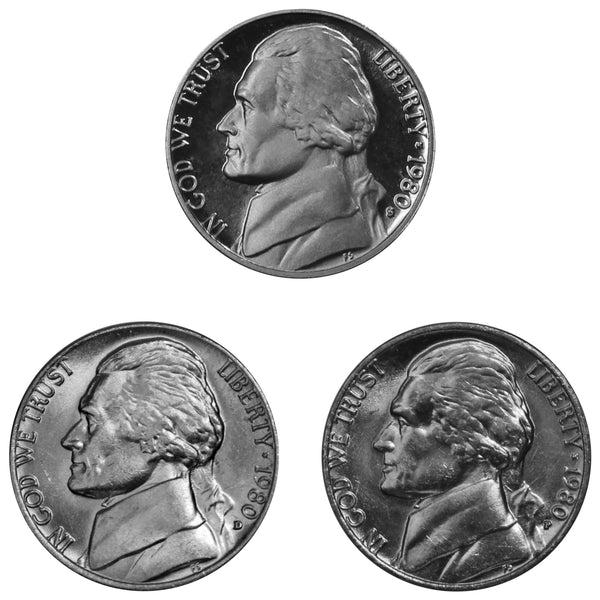1980 P D S Jefferson Nickel 5c Year set Proof & BU US 3 Coin lot