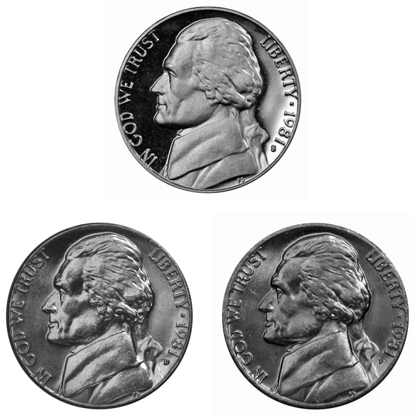 1981 P D S Jefferson Nickel 5c Year set Proof & BU US 3 Coin lot