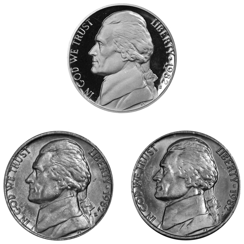 1982 P D S Jefferson Nickel 5c Year set Proof & BU US 3 Coin lot