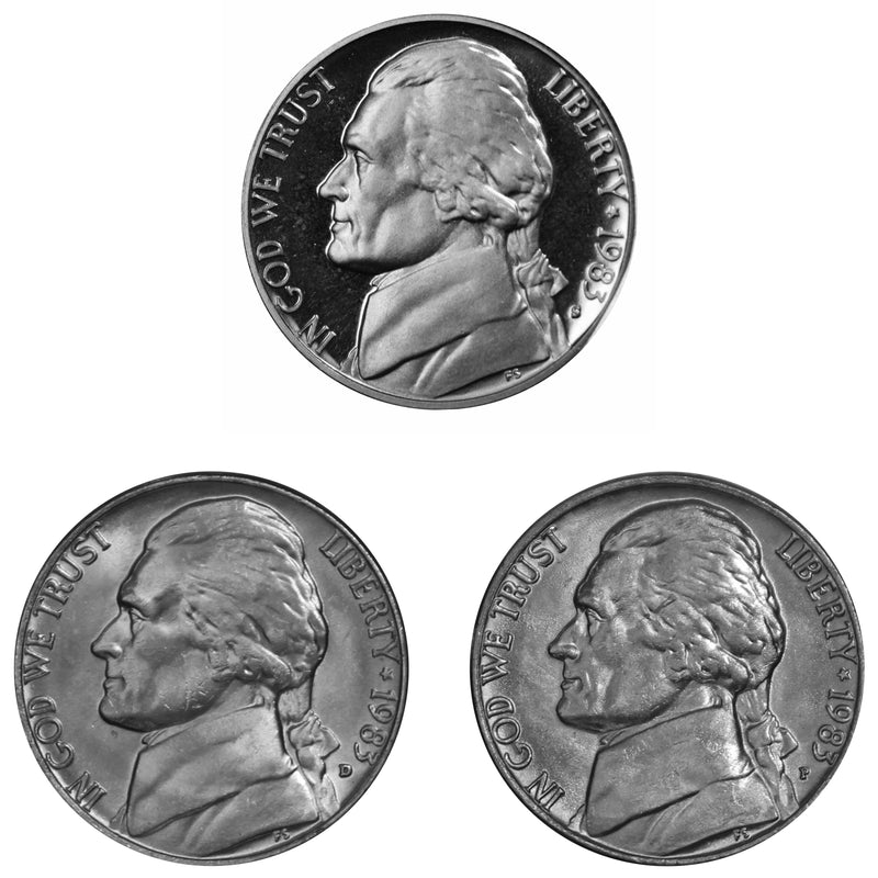 1983 P D S Jefferson Nickel 5c Year set Proof & BU US 3 Coin lot