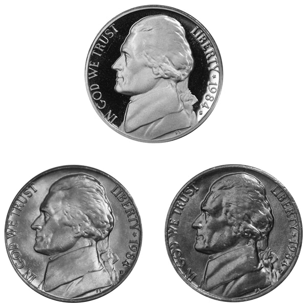 1984 P D S Jefferson Nickel 5c Year set Proof & BU US 3 Coin lot