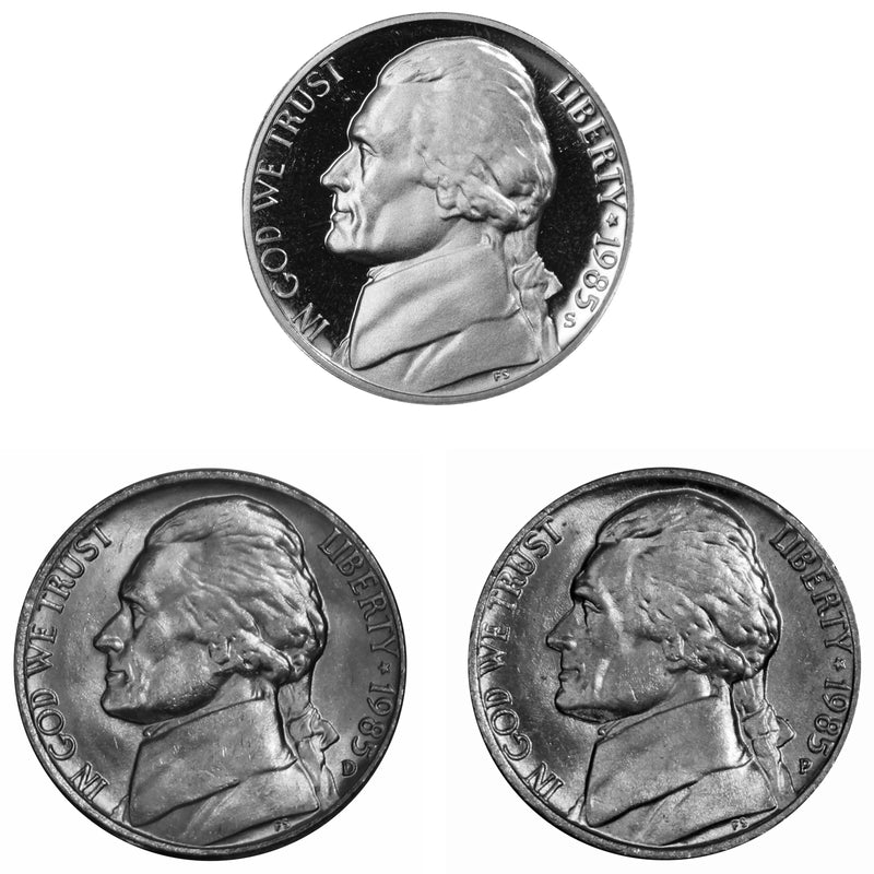 1985 P D S Jefferson Nickel 5c Year set Proof & BU US 3 Coin lot