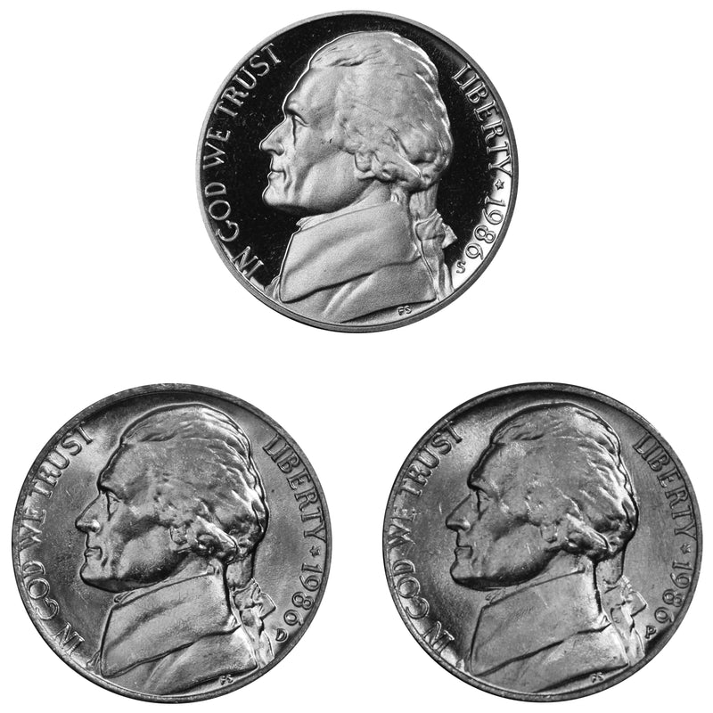 1986 P D S Jefferson Nickel 5c Year set Proof & BU US 3 Coin lot