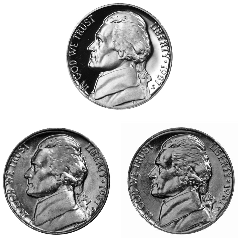 1987 P D S Jefferson Nickel 5c Year set Proof & BU US 3 Coin lot