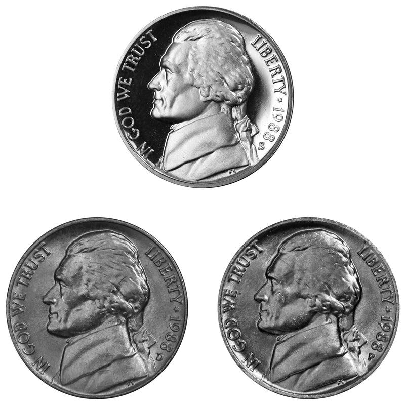 1988 P D S Jefferson Nickel 5c Year set Proof & BU US 3 Coin lot