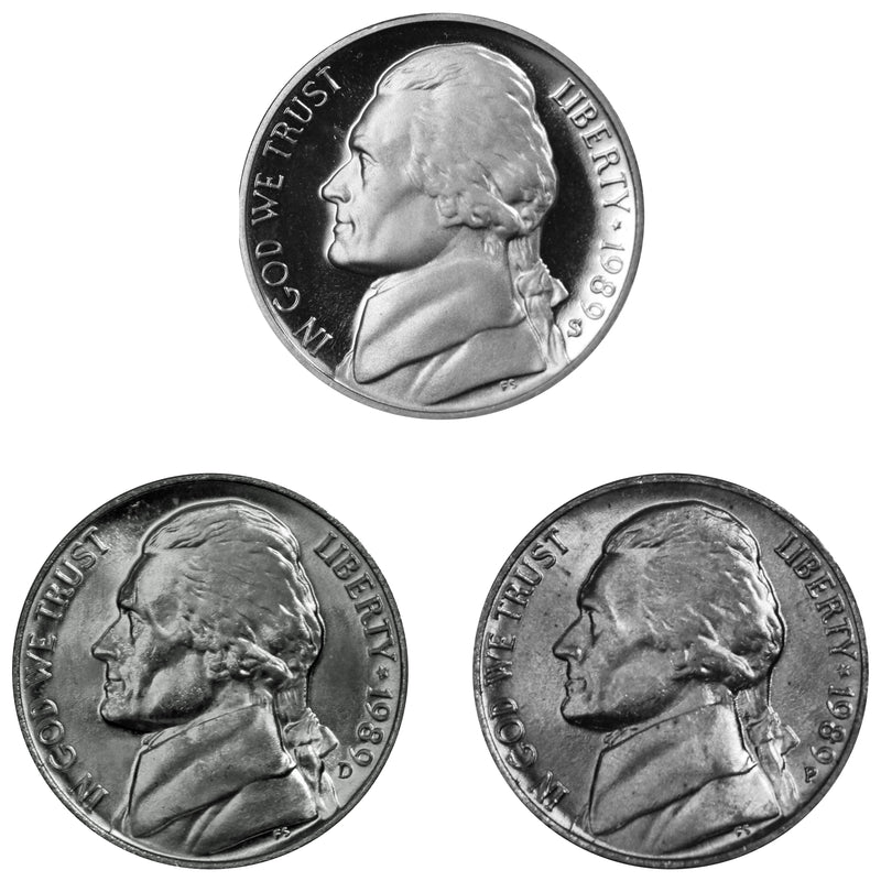 1989 P D S Jefferson Nickel 5c Year set Proof & BU US 3 Coin lot