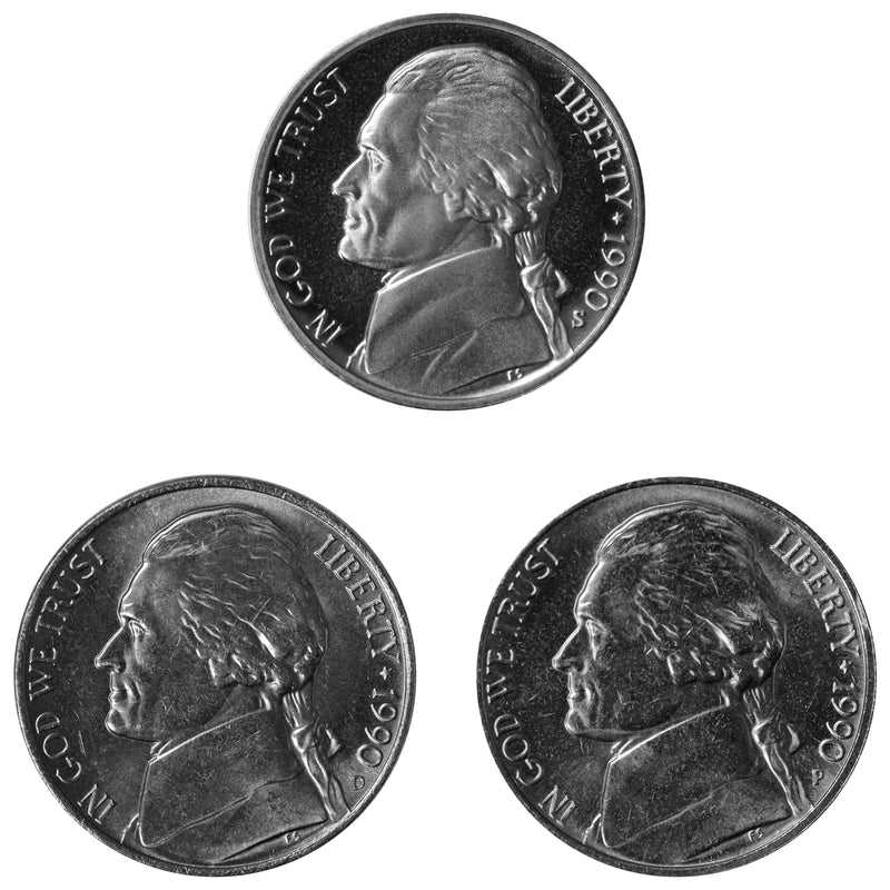 1990 P D S Jefferson Nickel 5c Year set Proof & BU US 3 Coin lot