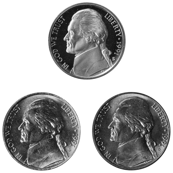 1991 P D S Jefferson Nickel 5c Year set Proof & BU US 3 Coin lot