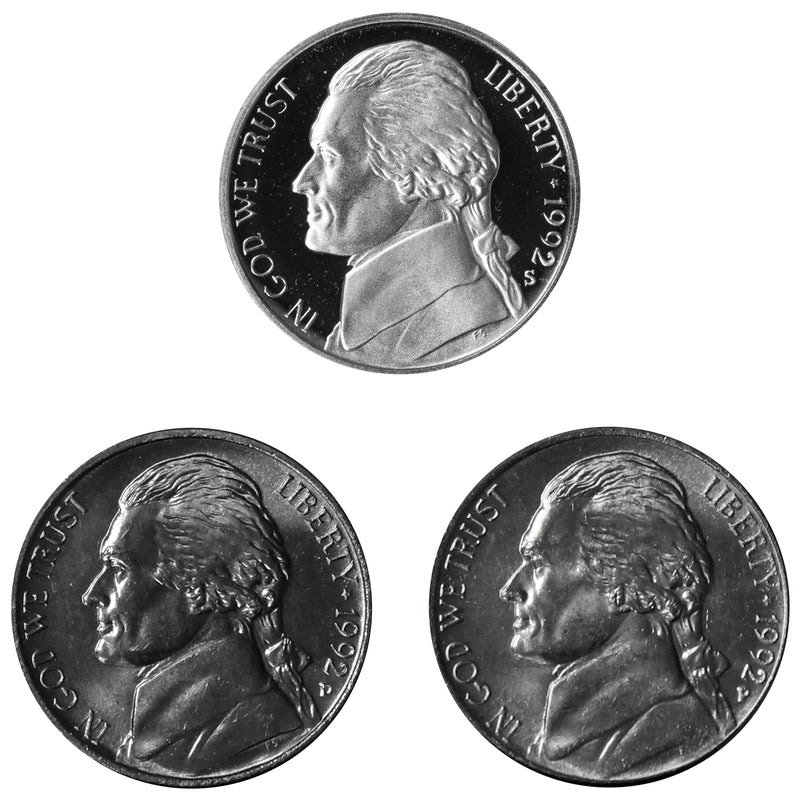 1992 P D S Jefferson Nickel 5c Year set Proof & BU US 3 Coin lot