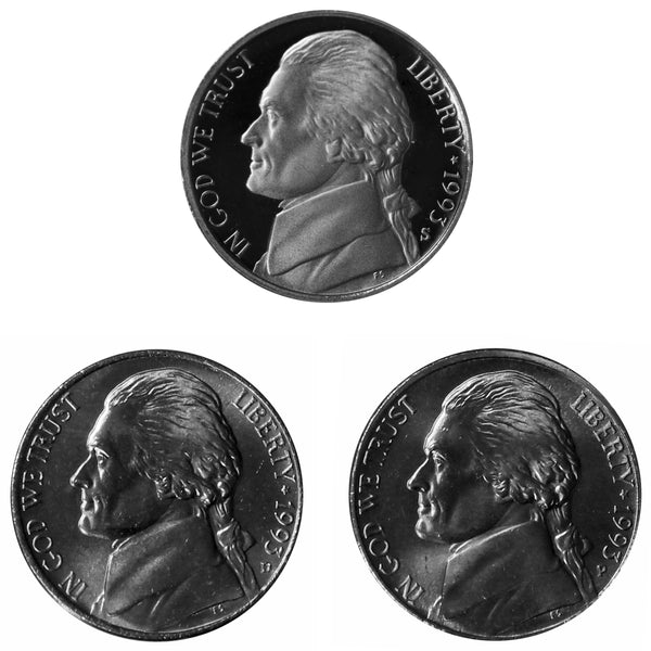 1993 P D S Jefferson Nickel 5c Year set Proof & BU US 3 Coin lot