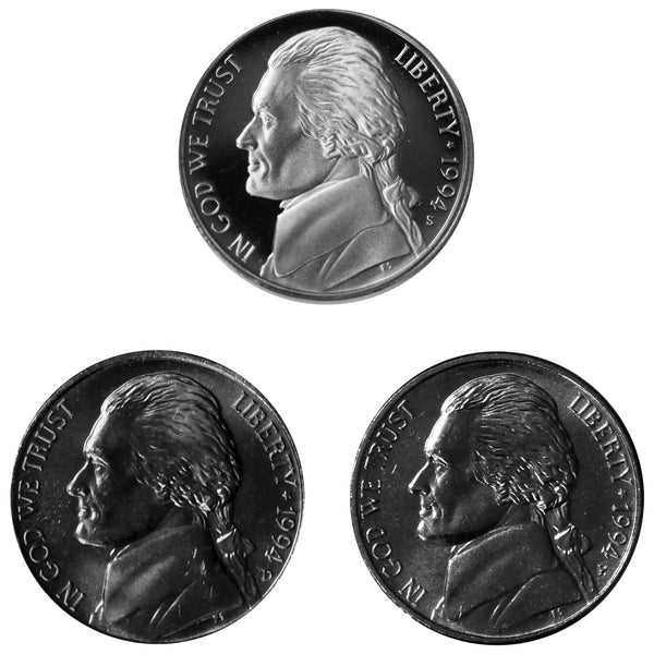 1994 P D S Jefferson Nickel 5c Year set Proof & BU US 3 Coin lot