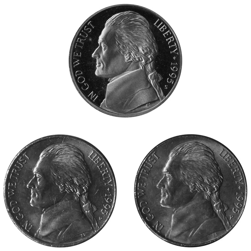 1995 P D S Jefferson Nickel 5c Year set Proof & BU US 3 Coin lot
