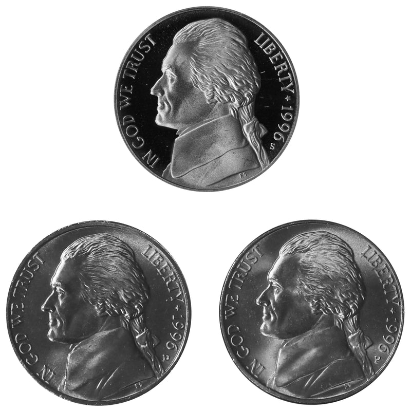 1996 P D S Jefferson Nickel 5c Year set Proof & BU US 3 Coin lot