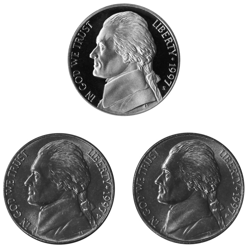 1997 P D S Jefferson Nickel 5c Year set Proof & BU US 3 Coin lot