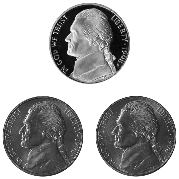 1998 P D S Jefferson Nickel 5c Year set Proof & BU US 3 Coin lot
