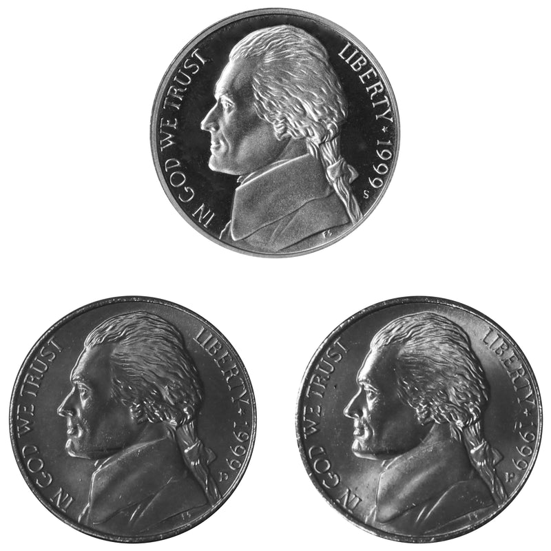 1999 P D S Jefferson Nickel 5c Year set Proof & BU US 3 Coin lot