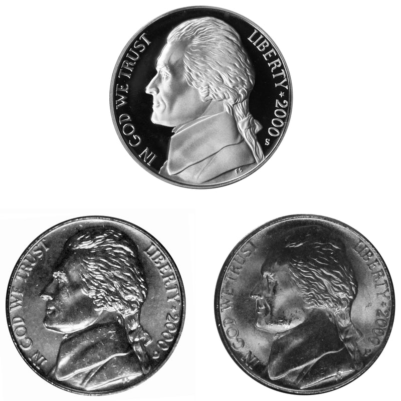 2000 P D S Jefferson Nickel 5c Year set Proof & BU US 3 Coin lot