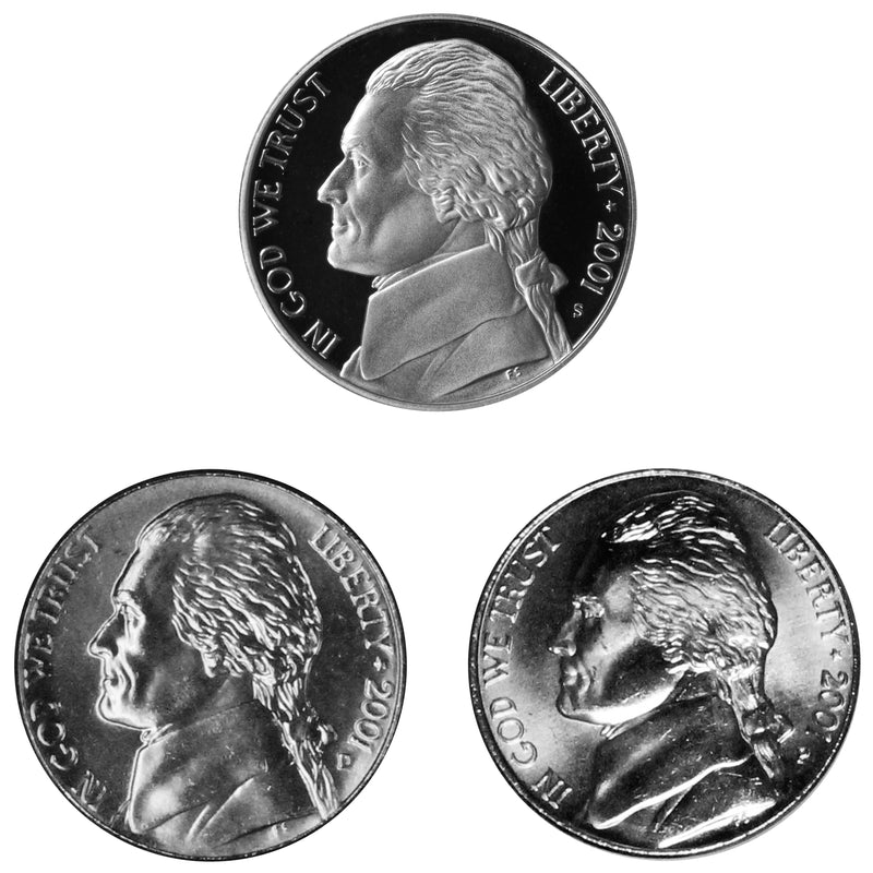 2001 P D S Jefferson Nickel 5c Year set Proof & BU US 3 Coin lot