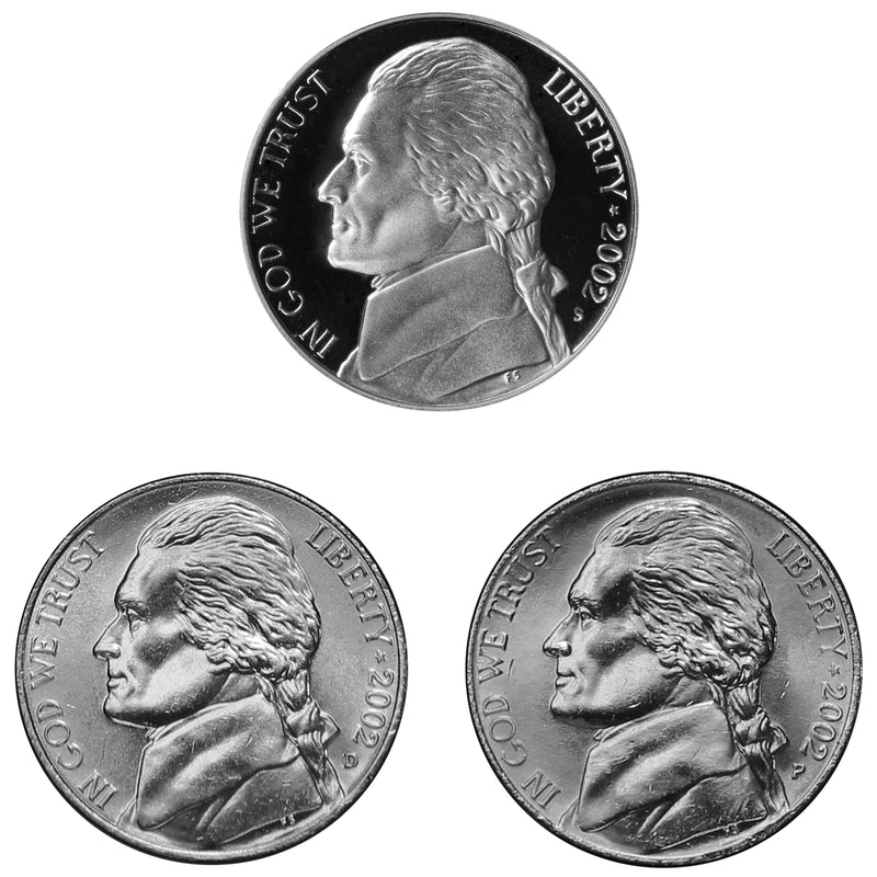 2002 P D S Jefferson Nickel 5c Year set Proof & BU US 3 Coin lot