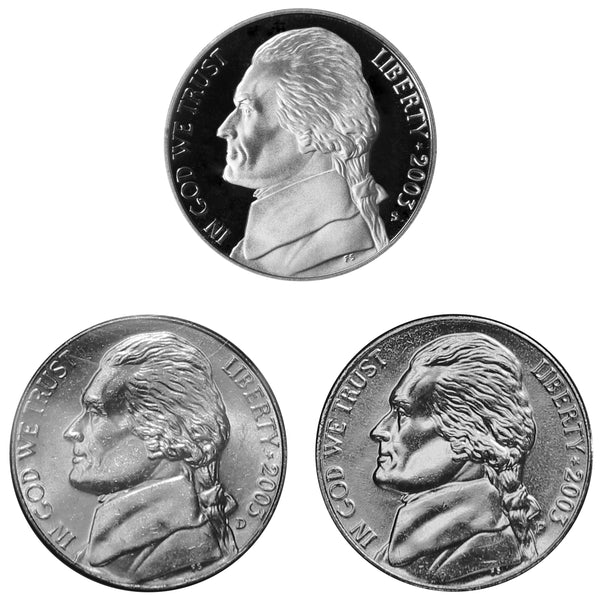 2003 P D S Jefferson Nickel 5c Year set Proof & BU US 3 Coin lot