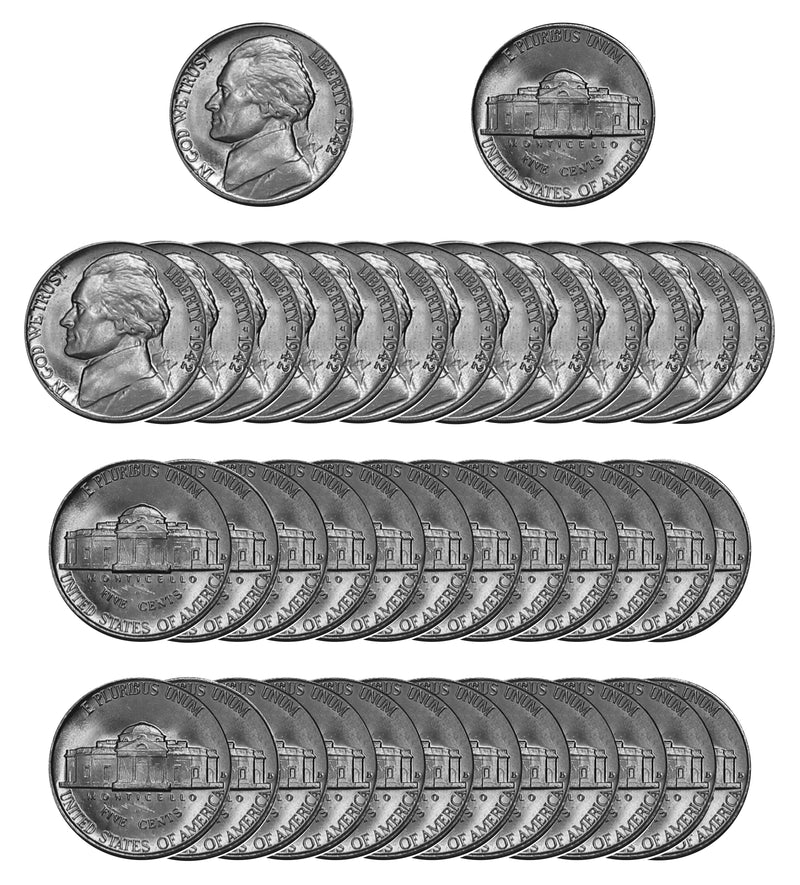 1942 D Jefferson Nickel Choice/Gem BU Roll (40 Coins)