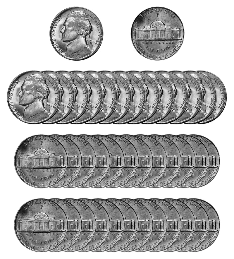 1942 P Silver Jefferson Nickel Choice/Gem BU Roll (40 Coins)