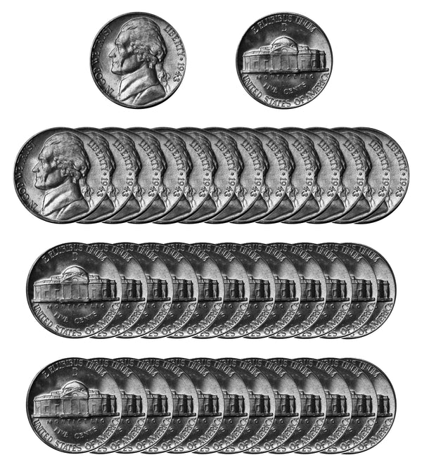 1943 D Silver Jefferson Nickel Choice/Gem BU Roll (40 Coins)