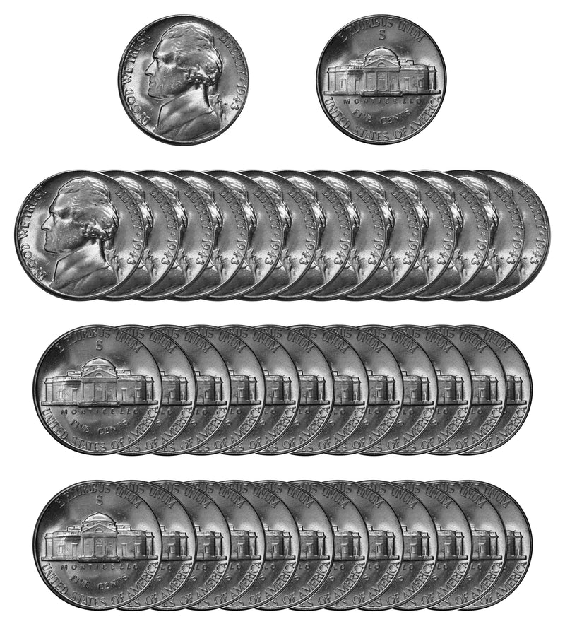 1943 S Silver Jefferson Nickel Choice/Gem BU Roll (40 Coins)