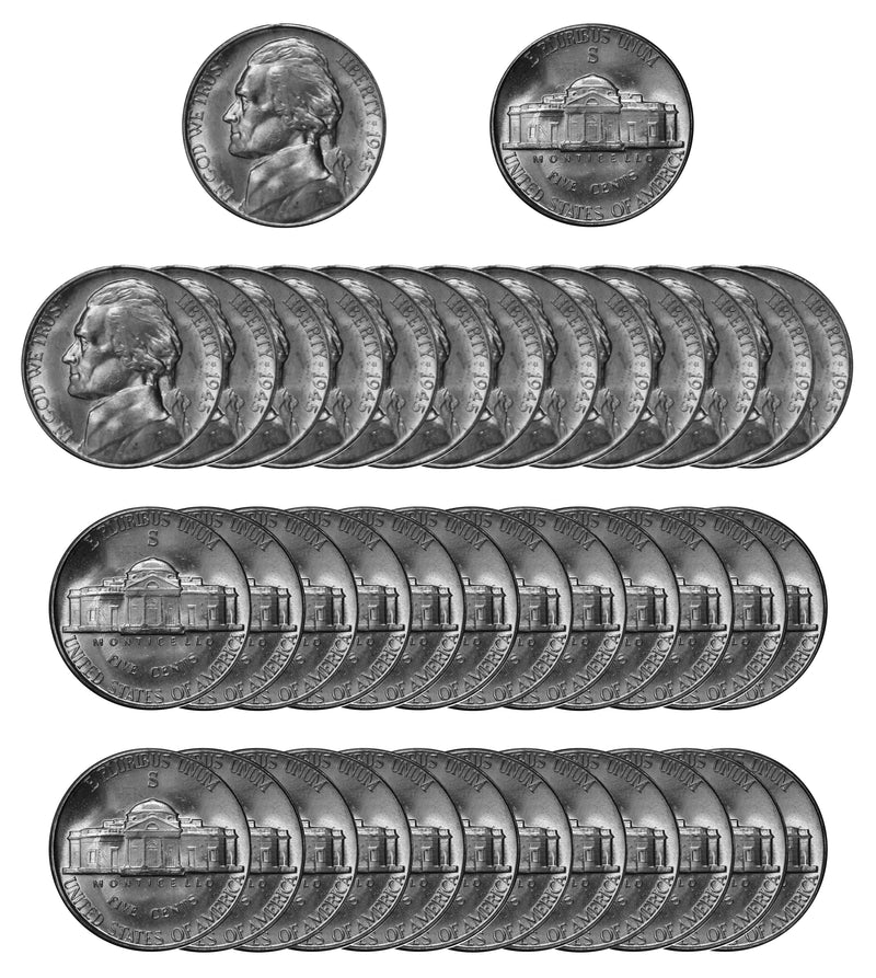1945 S Silver Jefferson Nickel Choice/Gem BU Roll (40 Coins)