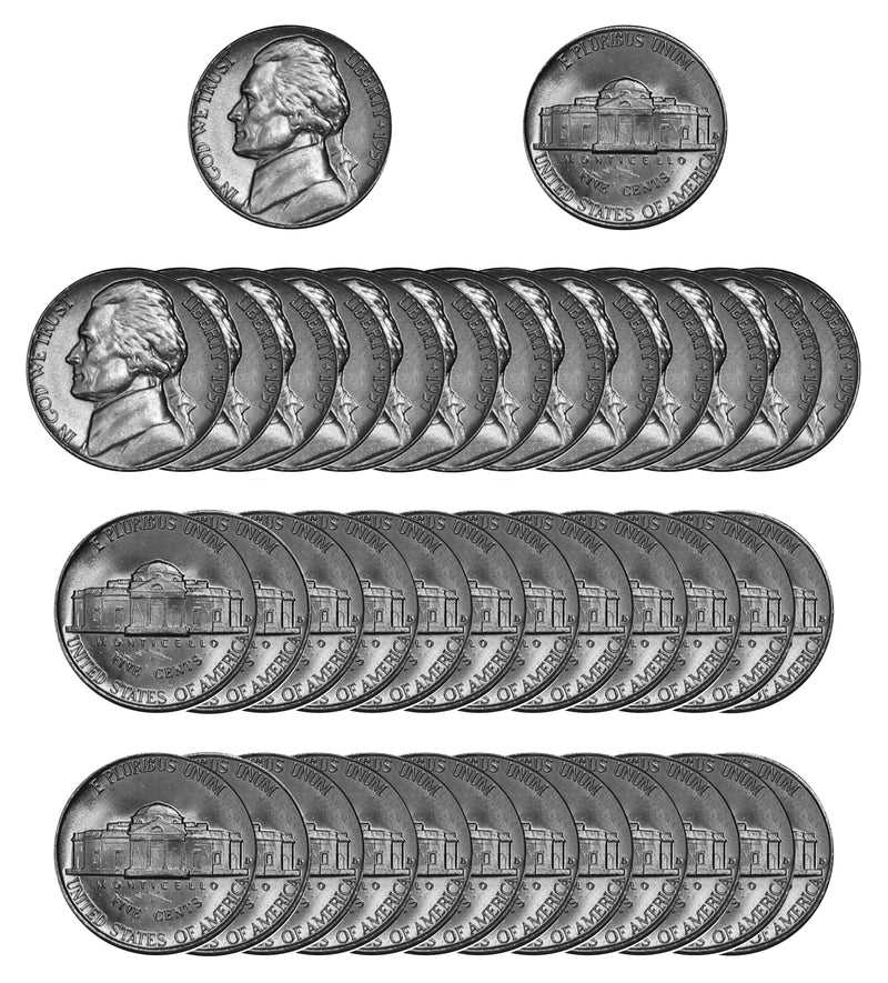 1957 D Jefferson Nickel Choice/Gem BU Roll (40 Coins)